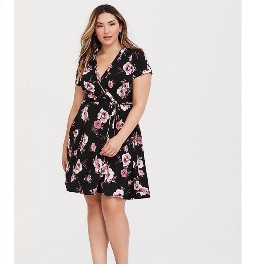 Black Floral Jersey Knit Faux Wrap Dress